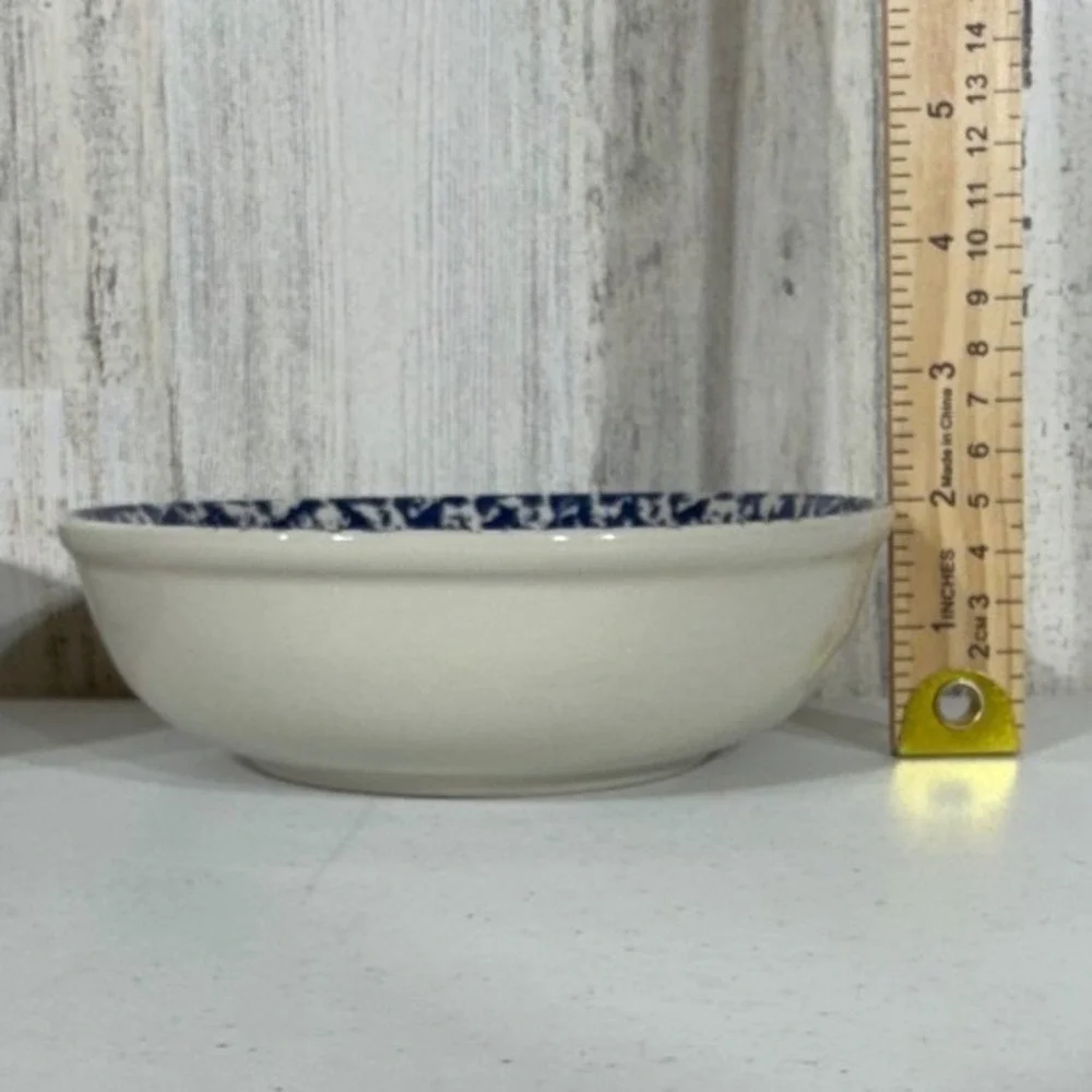Folk Craft Heart Tienshan Soup Cereal Bowls 6.5in Blue White Spongeware Set of 2